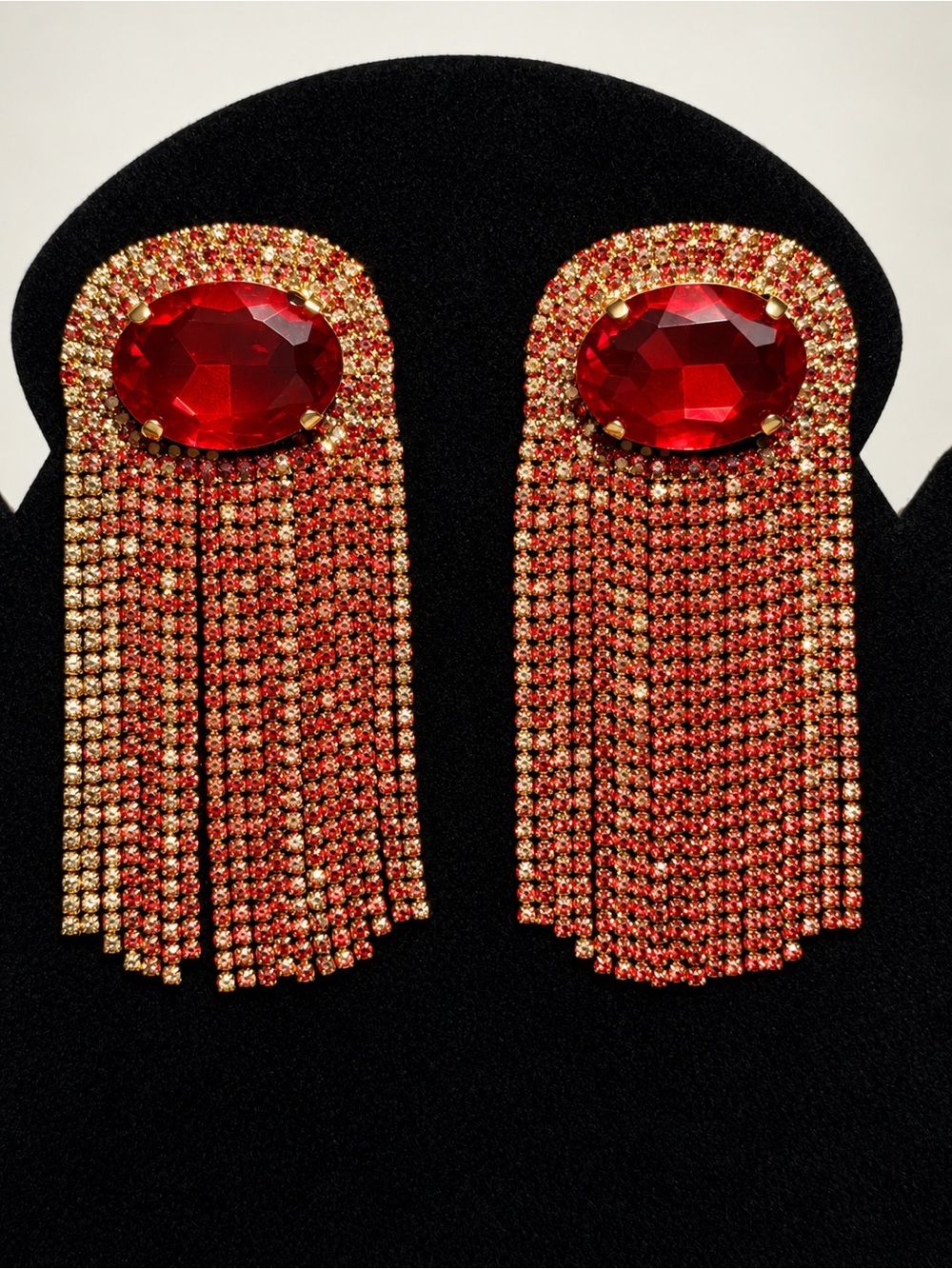 Red & Gold Rhinestone Tassel Drop Earrings